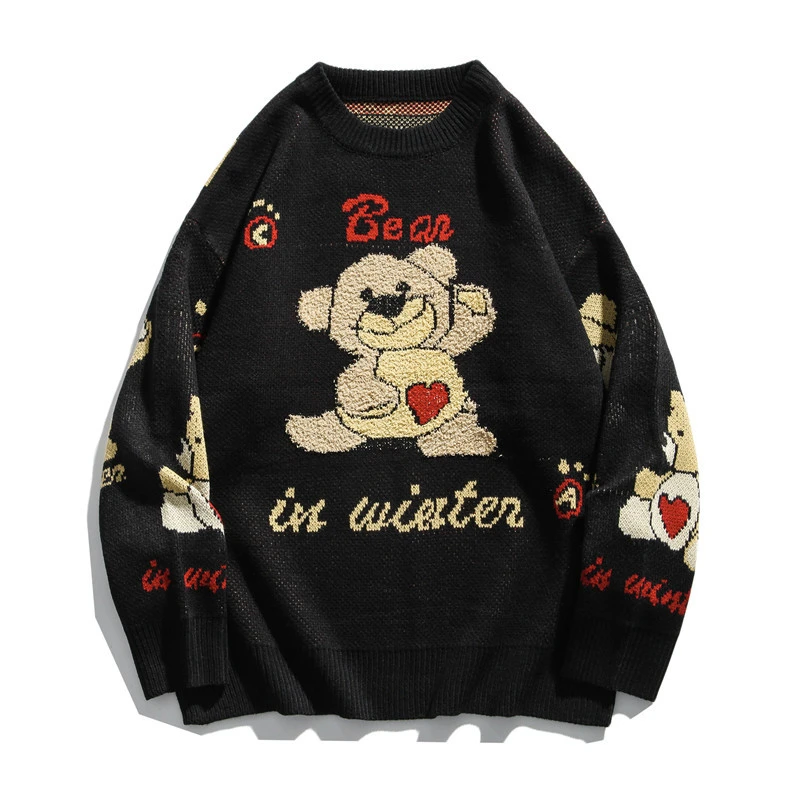 Japanese Harajuku Cute Knitted Heart Bear Sweater for Women and Men Oversized Kawaii Graphic Cartoon Pullover Jumper | Женская одежда