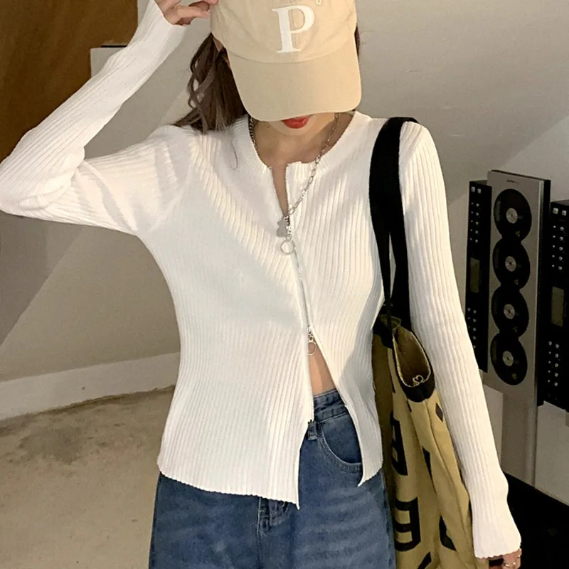 

Женский кардиган с круглым вырезом, свитер с косым молнией и ощущением дизайна в Корейском стиле, обтягивающий жакет-кардиган, Новинка осен...