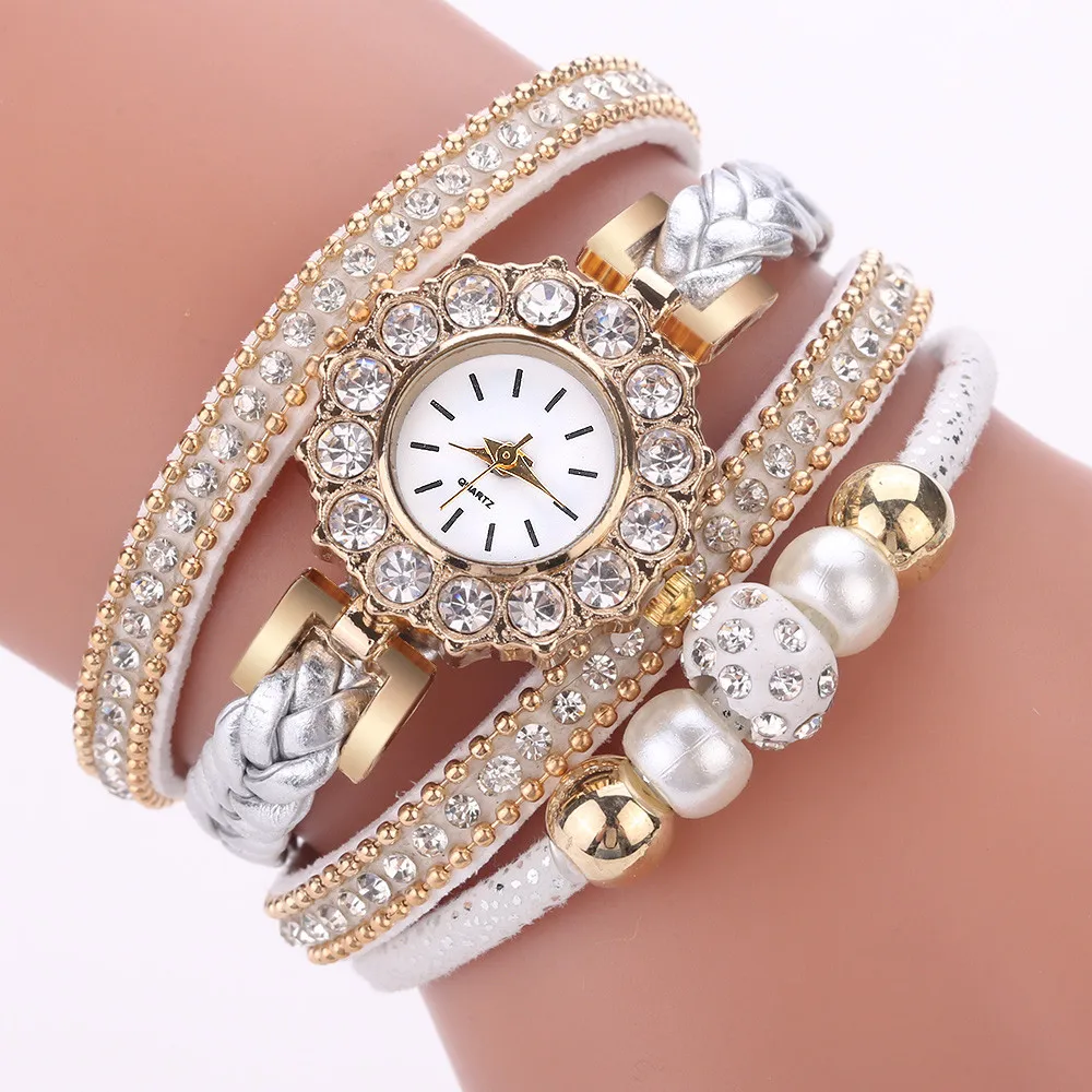 

Luxury Women Rhinestone Bead Round Dial Snap Button Multi Layer Bracelet Quartz Wrist Watch Bracelet For Ladies