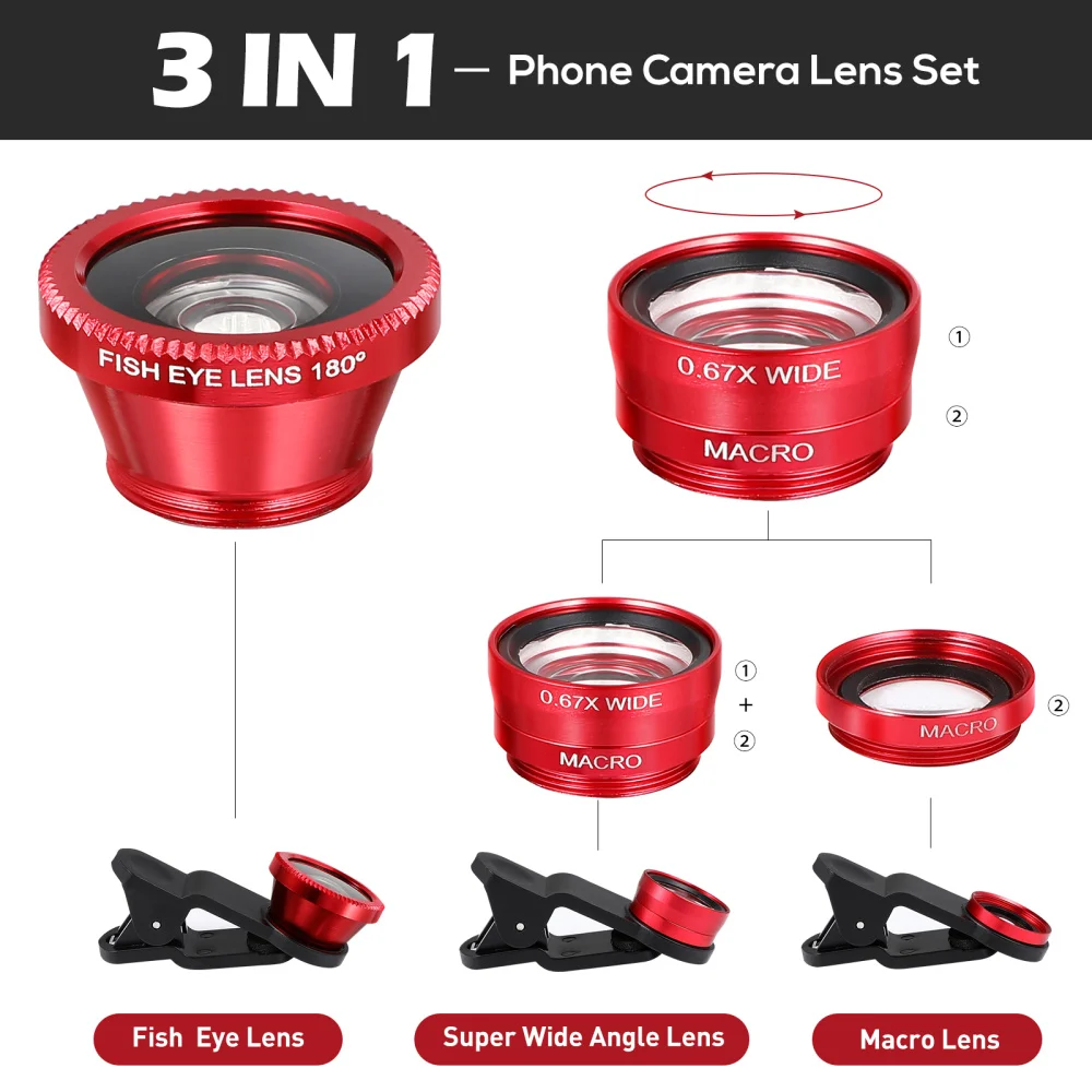 

SOLUSTRE 2 Sets Clip-on Phone Camera Lens Universal Camera Lens Kit 3-In-1 Wide Angle Lens Plus Fish Eye Lens Macro Lens