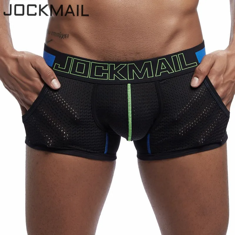 Jockсчmail, фирменное Мужское нижнее белье, боксеры, по бокам, сетчатые карманы, для геев, Cueca, боксеры, сексуальные, с полой сеткой, промежность, пенис, чашка, мужские трусы, шорты