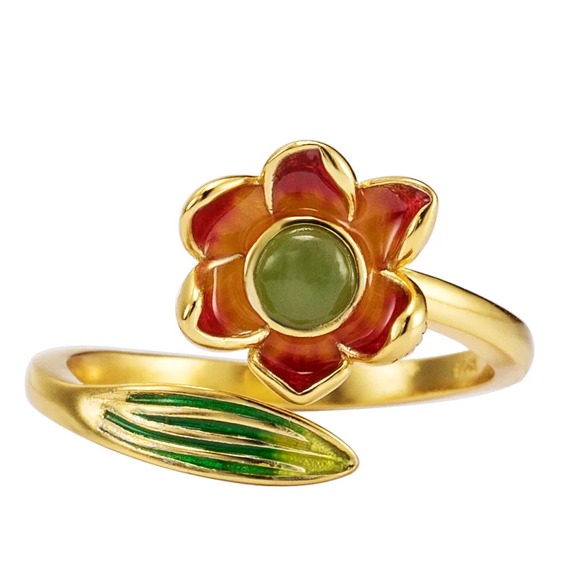 

S925 Sterling Silver Green Jade Flower Open Rings For Women 14k Gold Jewelry Female Vintage Enamel Original Handmade Accessories