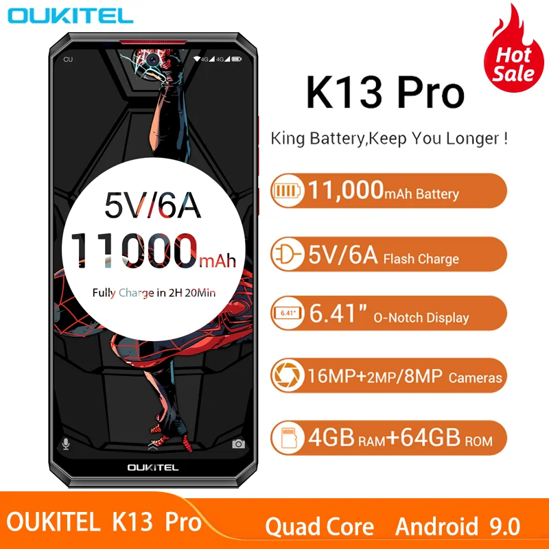OUKITEL K13Pro Android 9 0 мобильный телефон 6 41 &quot19 5: Экран 4 Гб + 64 5V/6A Quick Charge 11000 мАч Face ID