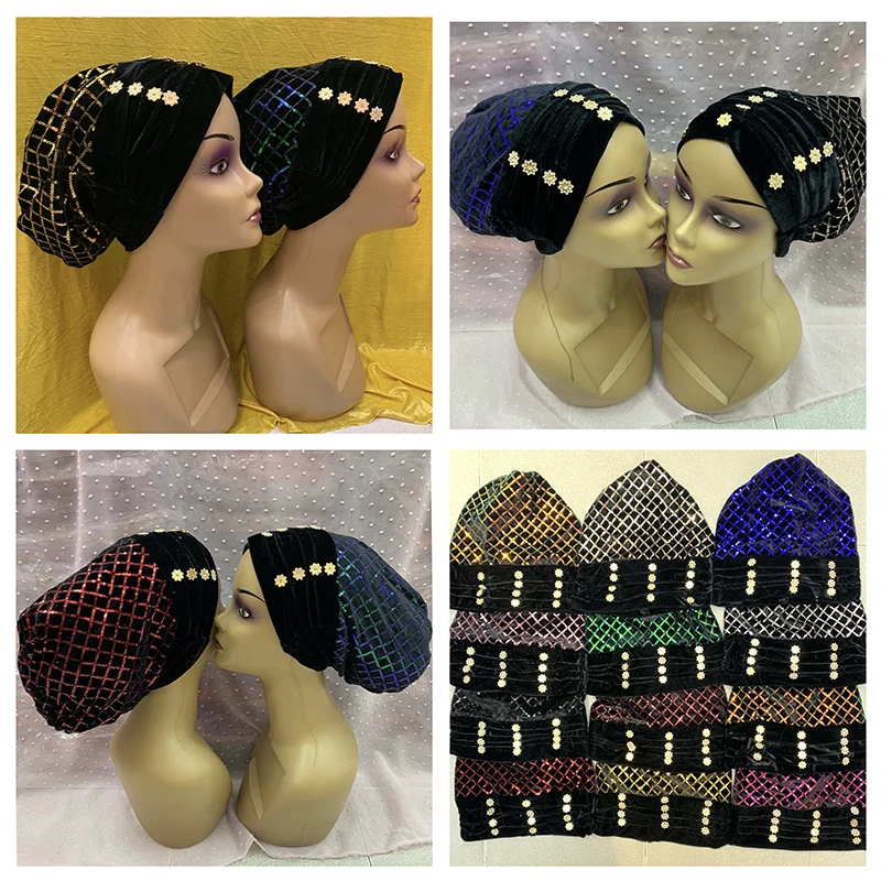 

Sinya 2021 New Braid Turban Hat Knot African Auto Geles Nigeria Headtie Handmade Muslim Women Head Wrap Hijab Bonnet 12Pcs/Bag