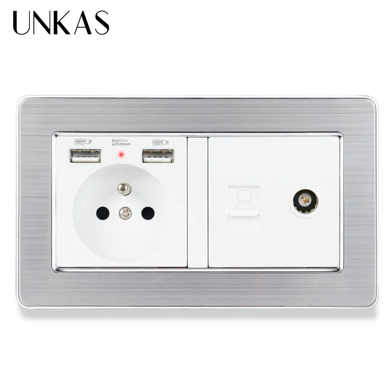 Панельная французская розетка UNKAS из нержавеющей стали с двойным USB портом +