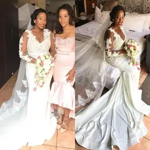 Plus Size African Mermaid Wedding Dresses Pearls Lace Gorgeous Bridal Gowns Sheer Neck Long Sleeves Court Train Vestidos De Novi