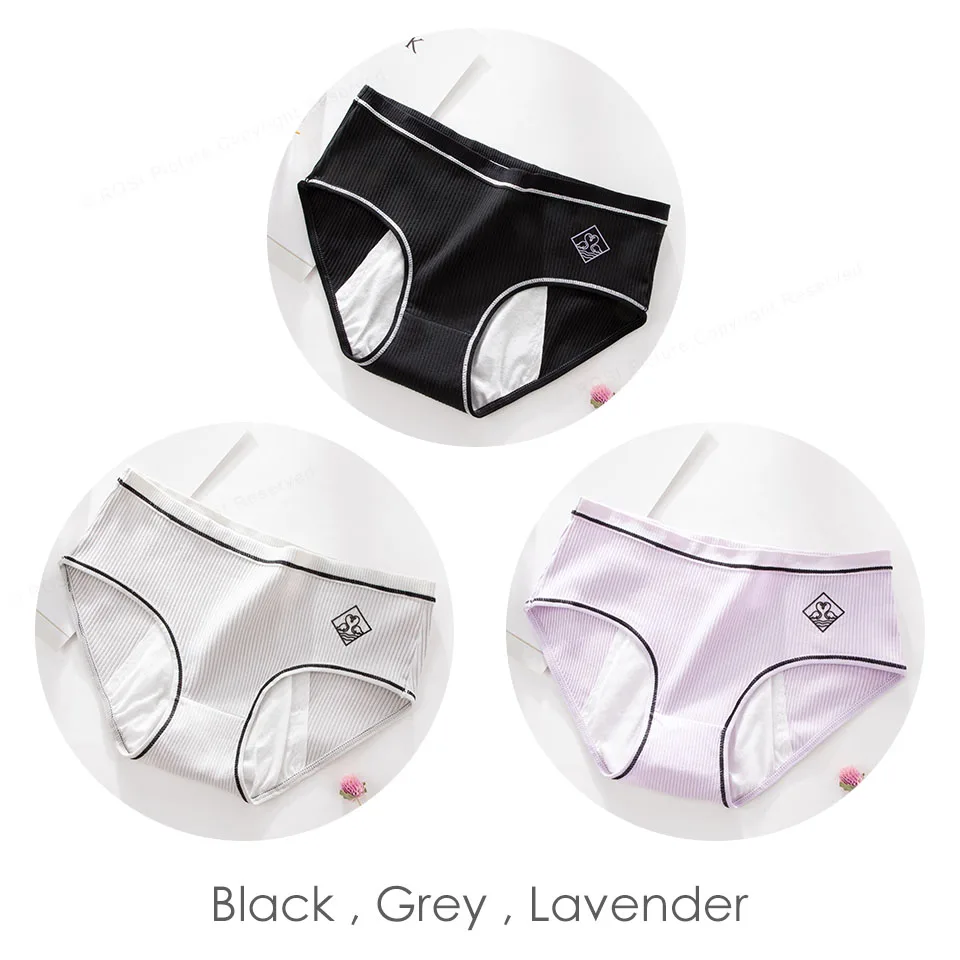 Black Grey Lavender 3 шт., женские менструальные трусики, герметичное физиологичное нижнее белье, ребристые трусики, хлопковые однотонные непромокаемые трусы для девочек ROSI - Цвет: Black Grey Lavender