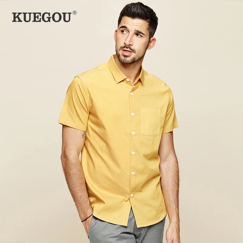 

Мужская приталенная рубашка KUEGOU, желтая однотонная приталенная рубашка с коротким рукавом, лето 2019