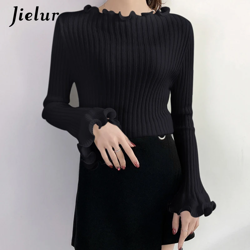 Свитер женский трикотажный с оборками и воротником длинным рукавом зимний S-XL |