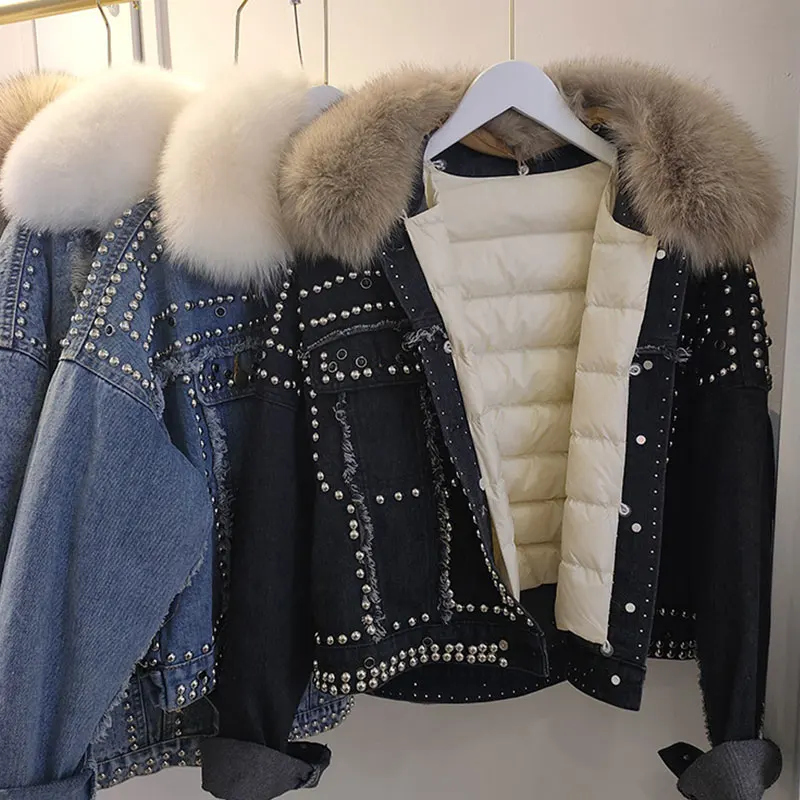 

2020 Winter Down Jacket Women Real Fox Fur Collar Detachable Liner Heavy Industry Rivet Denim Short Down Coat Female Parkas