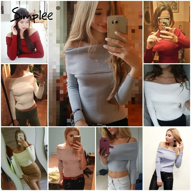 Simplee off shoulder elastic winter sweater women Short gray lapel pullover sexy white jumpers Autumn bodycon basic knitwear top | Женская