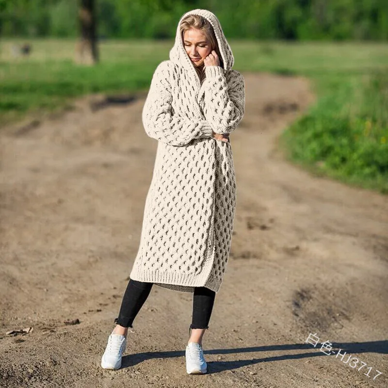 

WEPBEL Solid Color Long Thick Knitted Sweater Women's Autumn Winter Cardigan Full Sleeve Hooded Warm Fashion New Sweaters