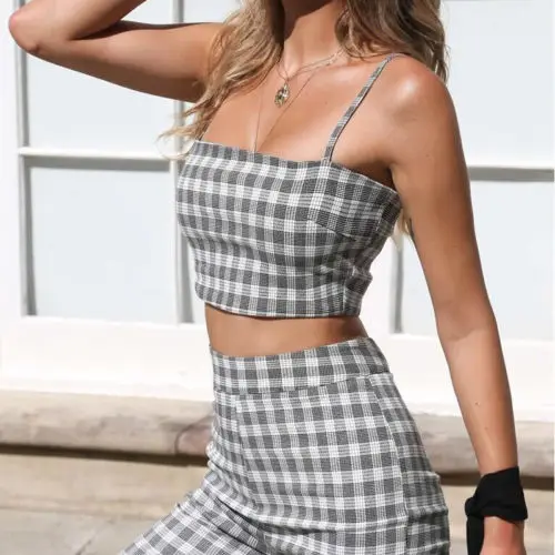 

New Women Ladies Jumpsuit Plaid Clubwear Summer Bodycon Party Romper Trousers 2pcs Size S-XL