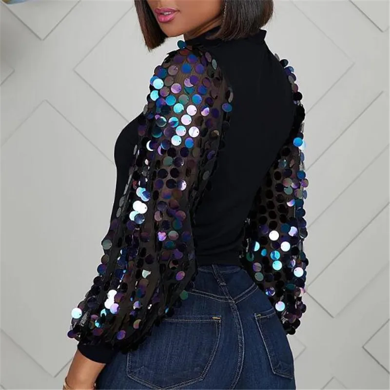 

Streetwear Shirt Women Puff Sleeve High-Neck Fashion Tops Casual Women Blouse Work Shirts blusas Vintage Sequins Sleeve Blouse