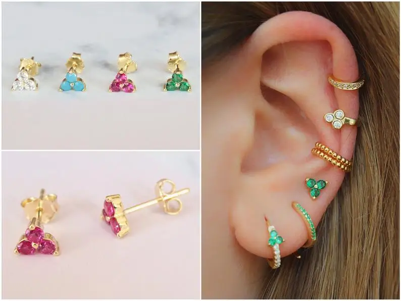 Миниатюрные серьги гвоздики с кубическим цирконием красного синего зеленого