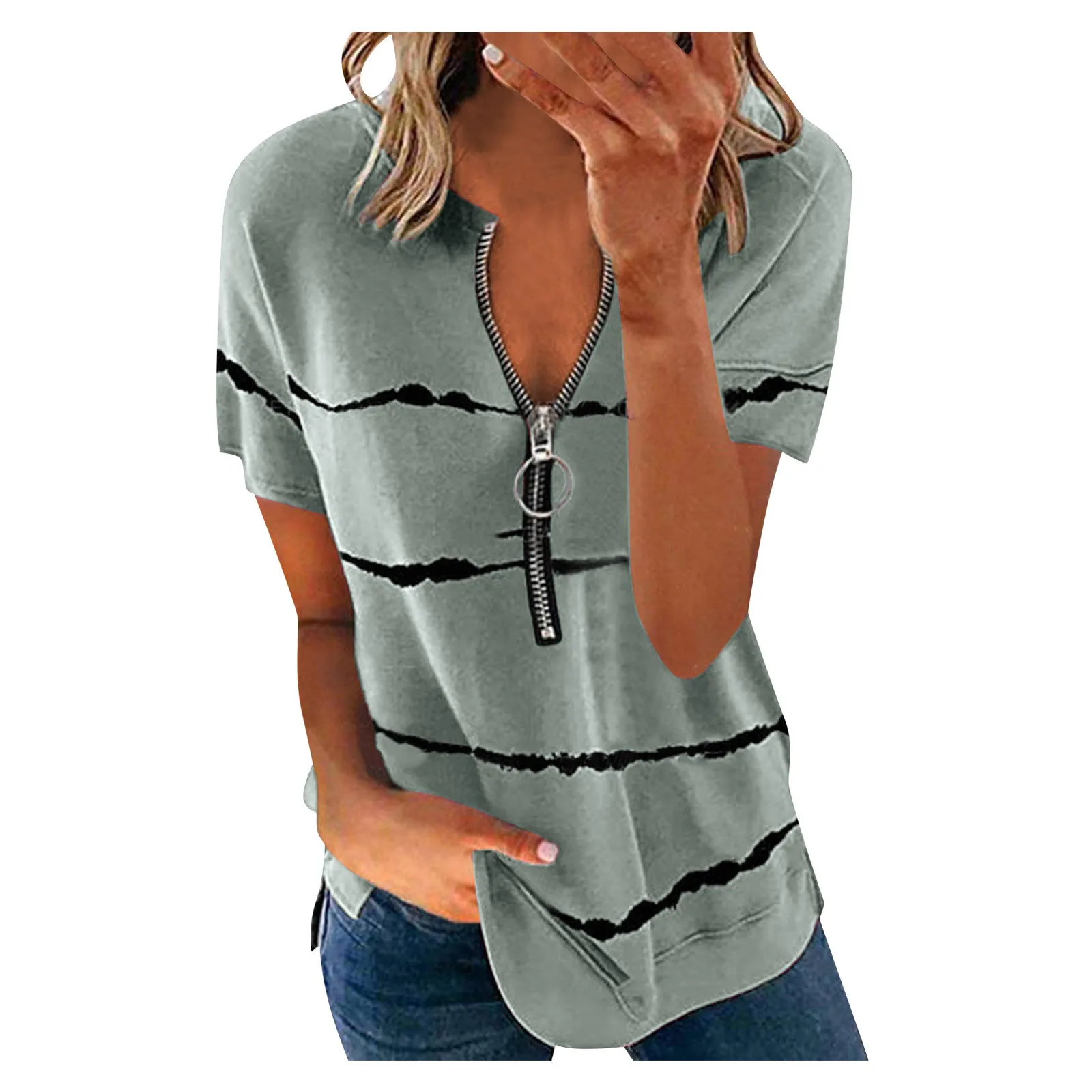 

Fashionable Tops Women Fashion Pure Color Stripe Printed Zipper Short Sleeves Casual Blouse Shirt Mujer Camisetas Femme 2021