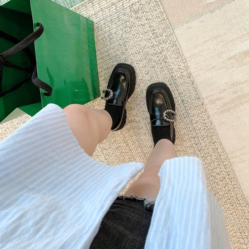 

New platform shoes for women 2021 rhinestone square loafers women shoes luxury brand high quality designer shoes female