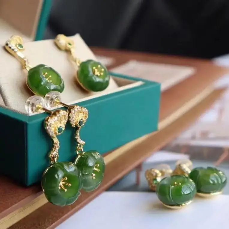

Natural Hetian Jade Eardrops Women's Sterling Silver All-Matching Short Green Earrings Flower Style Super Fairy Original Design