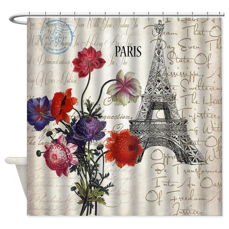

Paris Shower Curtain Eiffel Tower Flowers Retro Vintage Style Bathroom Decor