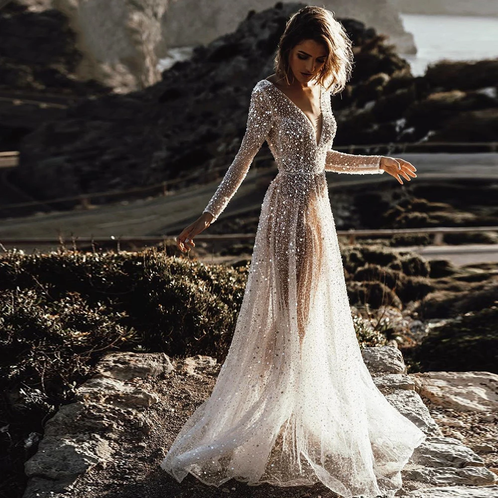 

Sexy Illusion Boho Wedding Dress Backless Bride Dresses Wedding Gown Sequin Beaded Mermaid Wedding Dress vestido de noiva
