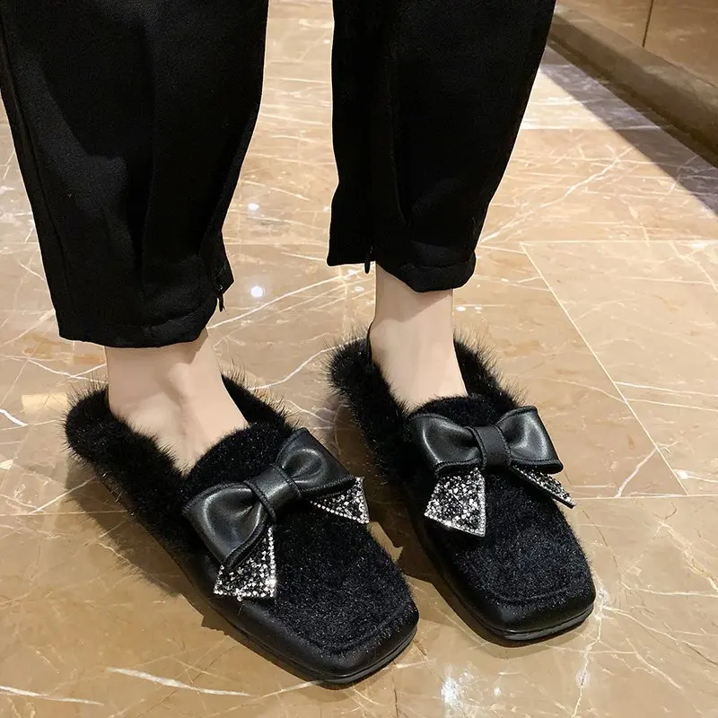 

Bow-Knot Slip On Shoes For Women All-Match Round Toe Loafers Fur Female Footwear Casual Sneaker Autumn Butterfly Slip-on New Dre