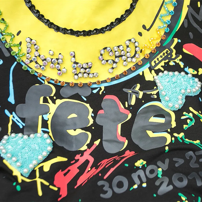 

2021 Summer New Women T-Shirt Cartoon Print With Beaded Loose Casual Women T-Shirt Summer Fashion T-Shirt Black White