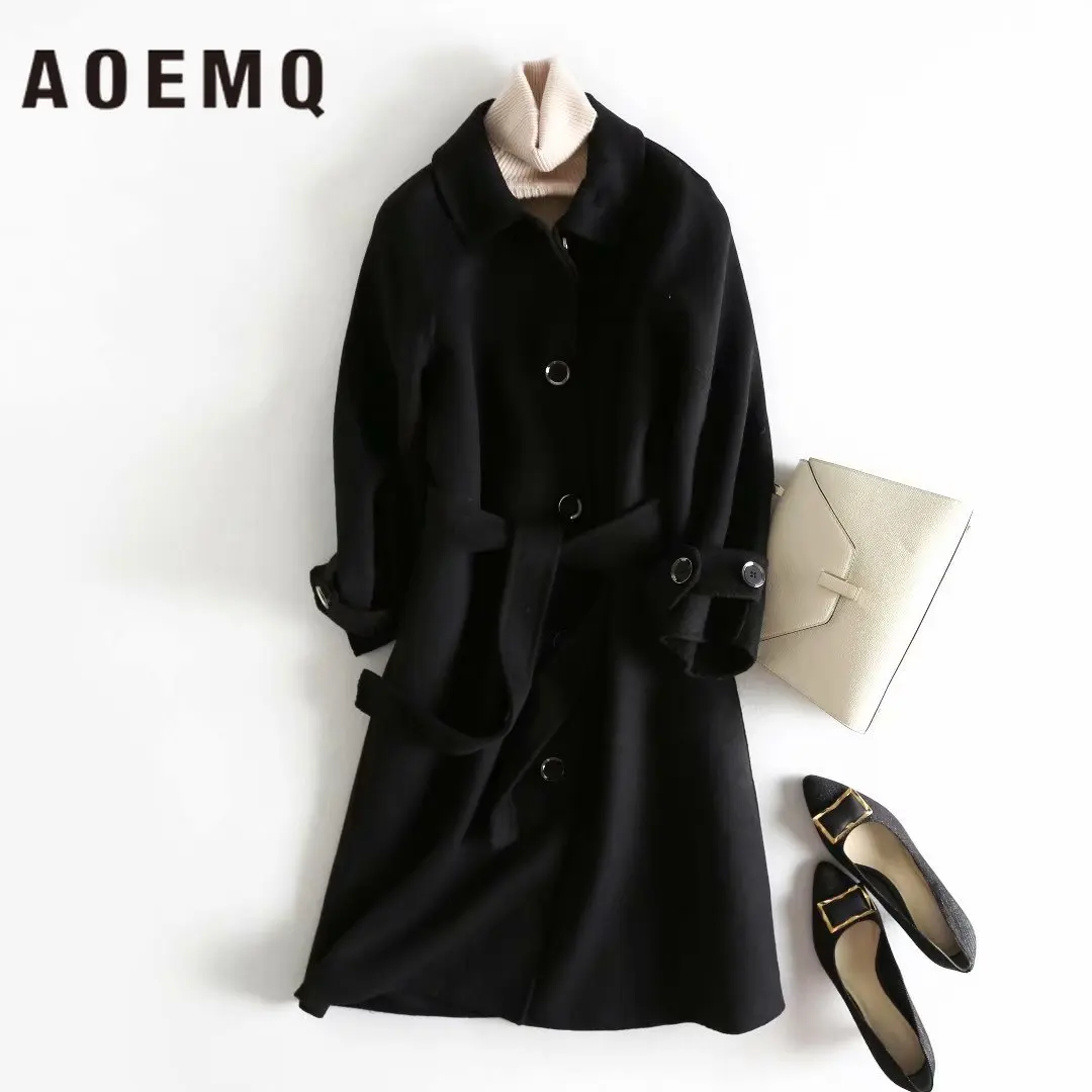 AOEMQ Модные женские макси комплекты осень зима сезон шерсть теплое пальто модель длинное пальто с поясом женский комплект одежды