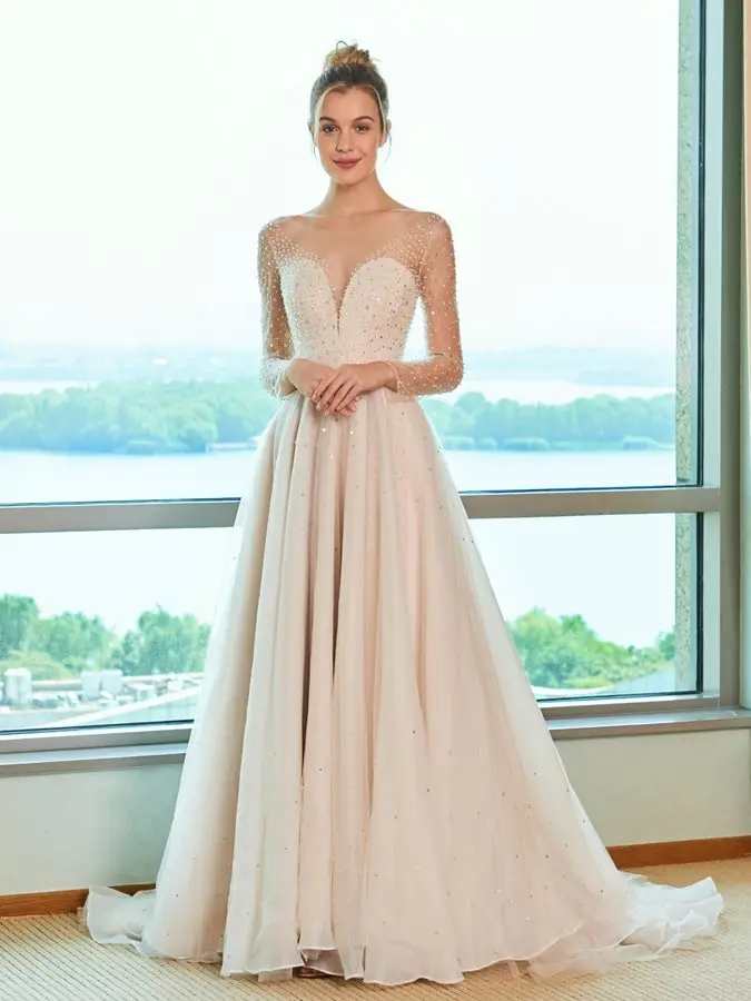

vestido de novia Shiny Sheer Long Sleeve Elegant Wedding Dresses 2022 Beaded Tulle Backless Bridal Party Gowns свадебное платье