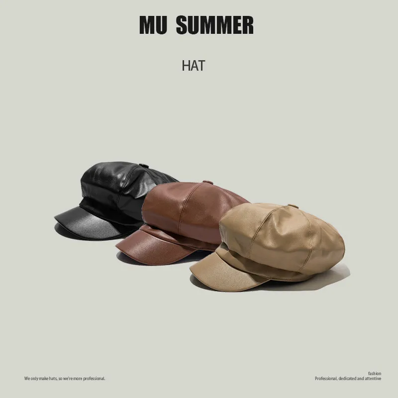 

Leather Newsboy Cap Quality Fashion Artist PU Leather Female Korean Octagonal Cap Spring Winter Casual Beret Women Flat Hat