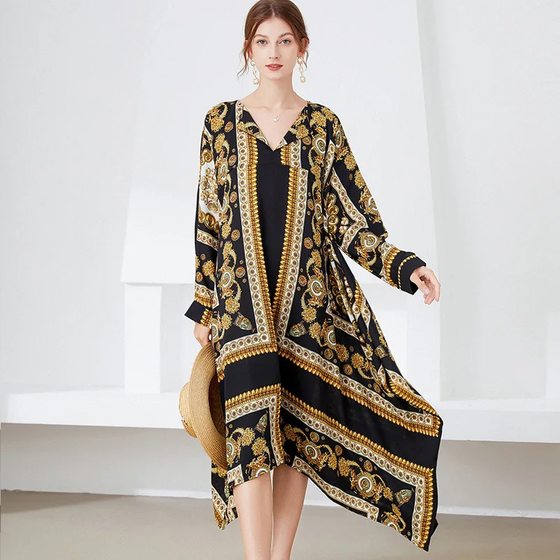 

Free shipping 2021 autumn new large size women's clothing loose slimming satin printed dress long sleeve skirt women's long