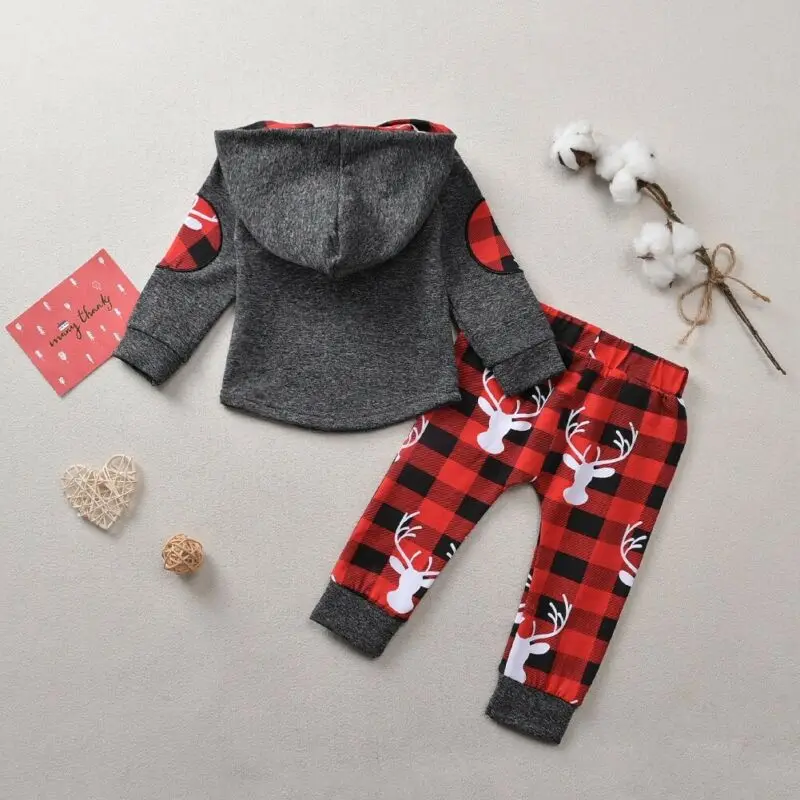 Рождественский комплект одежды От 6 месяцев до 3 лет топ с капюшоном и длинными