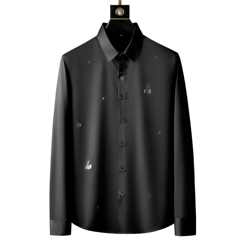 

High Quality Business Casual Shirt Men Long Sleeve Formal Social Dress Shirts Bee Rhinestone Slim Fit Brand Clothing Black White