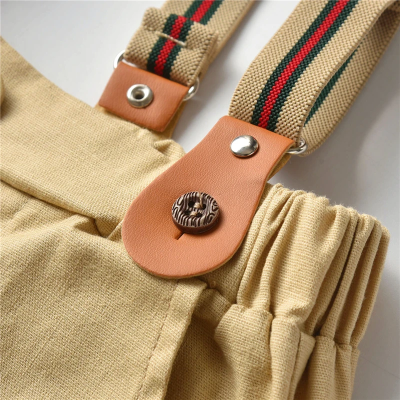 

Baby Boy 3PCS Outfit Set, Bow Folded Collar Short Sleeve Button-Down Plaid Top Solid Color Pocket Short Pant with Y-shaped Strap