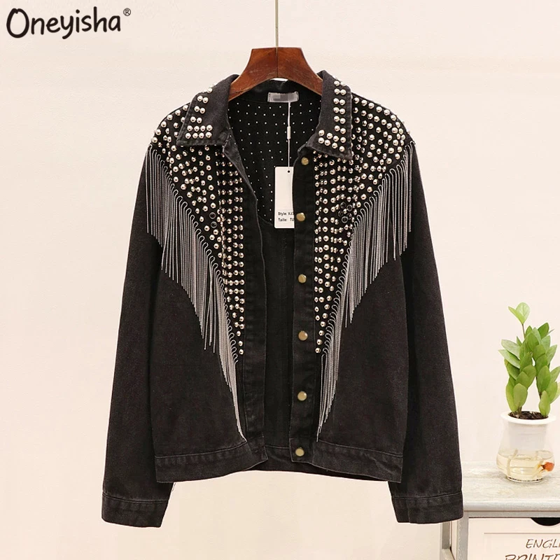 

Chaquetas Mujer 2021 Autumn Streetwear Denim Jacket Women Hand-studded Rivet Tassel Chain Short Jeans Jacket Loose Black Coats