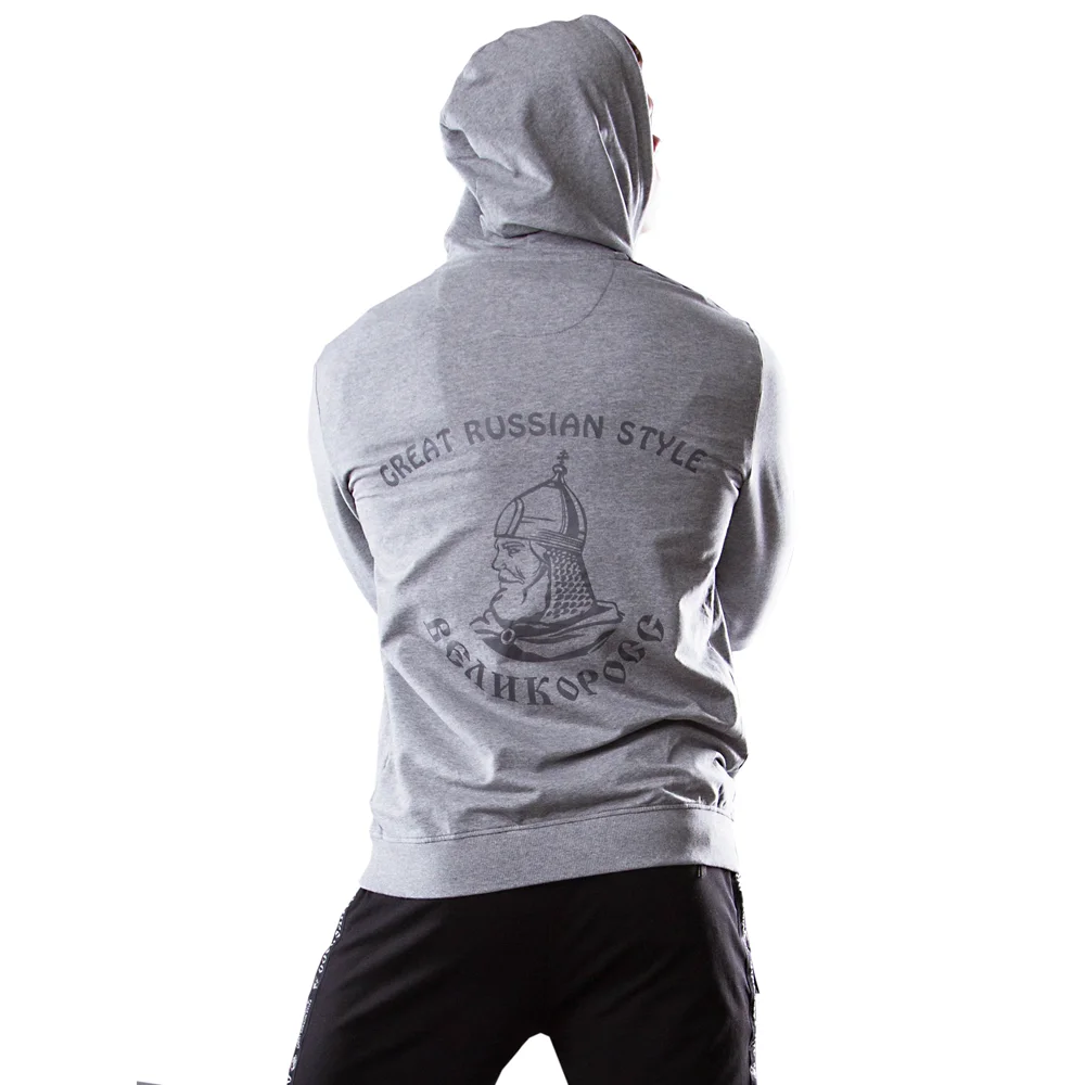 Толстовка на молнии &quotВеликоросс&quot цвета серый меланж жаккардовые лампасы и
