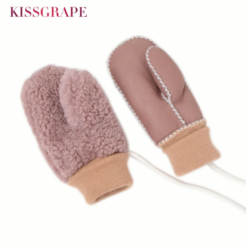 

Kids Super Warm Ski Gloves Mittens Girls Pink Sheep Fur Gloves Manual Children's Boys Sheepskin Mittens Windproof Gloves 1-5Y