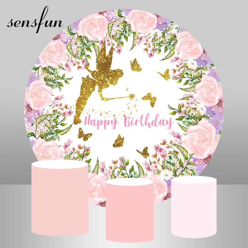 Round Scene Pink Flowers Gold Glitter Fairy Backdrops Girls Baby Shower Newborn Birthday Party Photography Backgrounds Circle |
