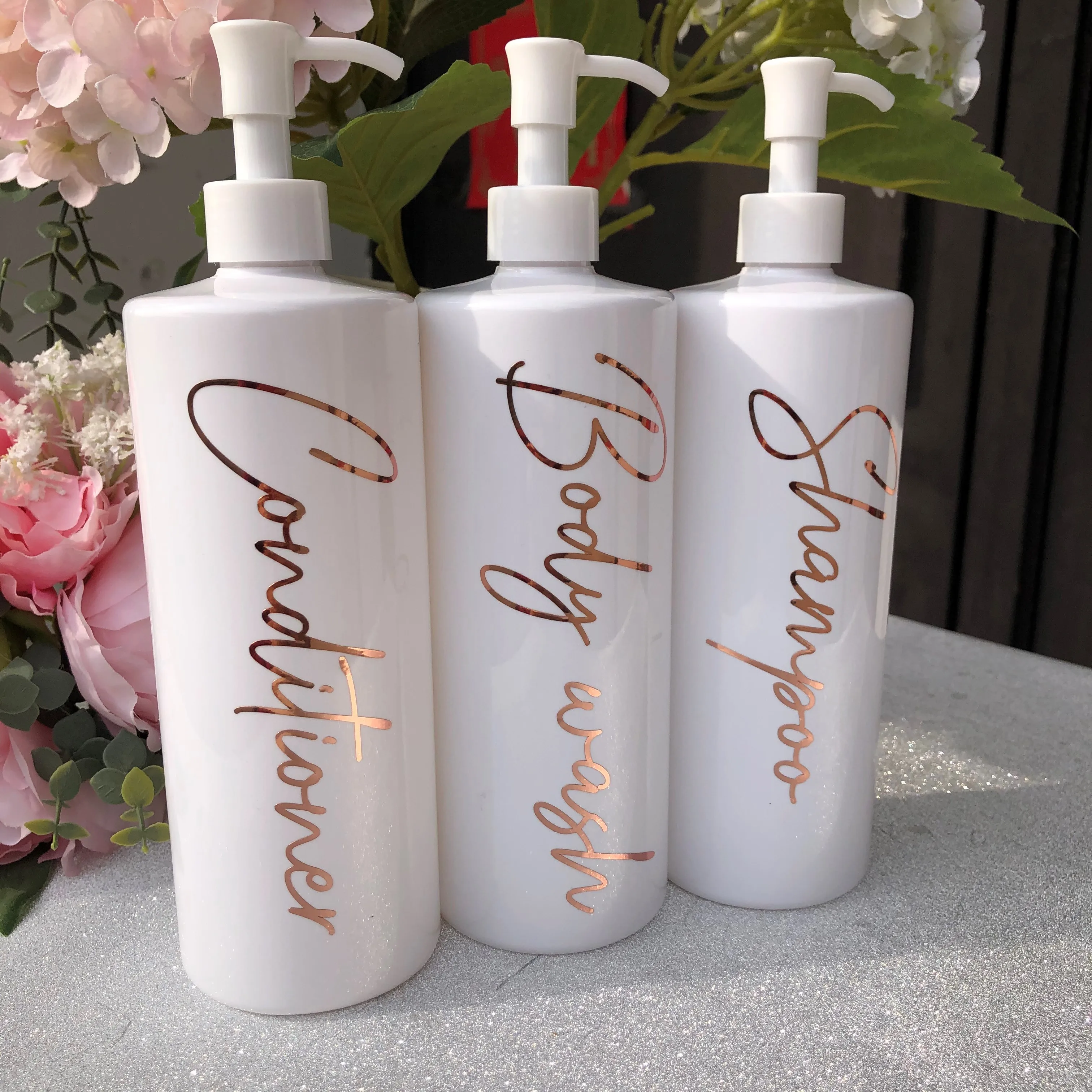 

Personalised Soap Dispenser Bottle Rose gold bathroom organiser 500ml Shampoo Bottle Conditioner Body Wash Refill Empty Bottles