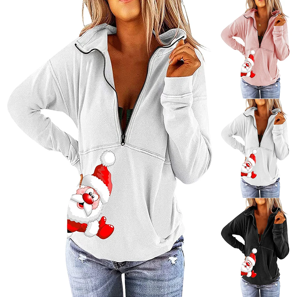

Женский пуловер с рождественским принтом Санта Клауса, свитшот с v-образным вырезом на молнии, Рождественская блузка, верхняя одежда для жен...