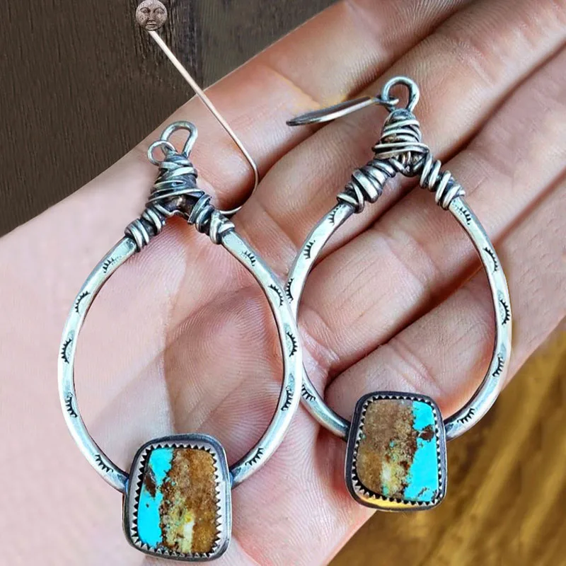 

Bohemian Big Hollow Metal Turquoises Stone Earrings Exaggerated Jewelry Indian Tribal Water Drop Dangle Earring Brincos Z4D399