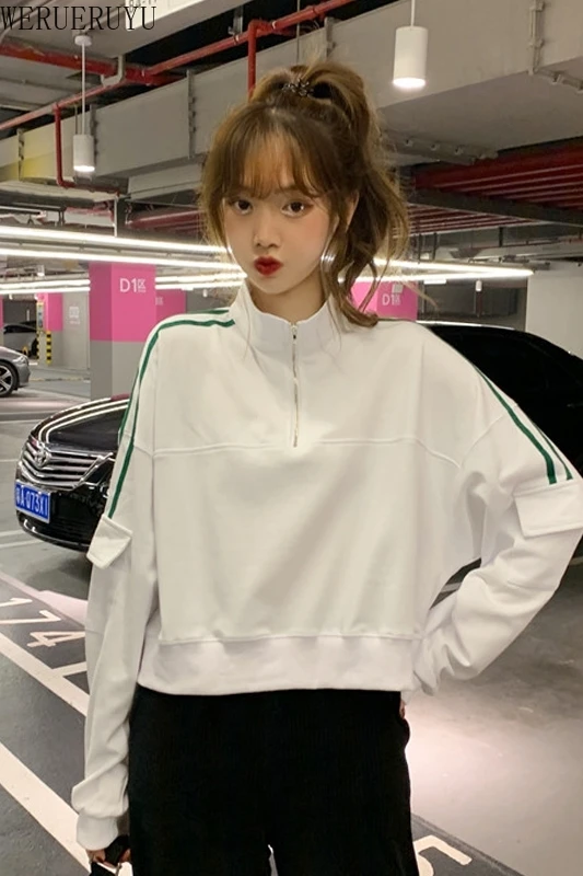 

WERUERUYU 2020 Womans Black Zipper Stand Collar Sweatshirt Long Sleeve Sweatershirt Top