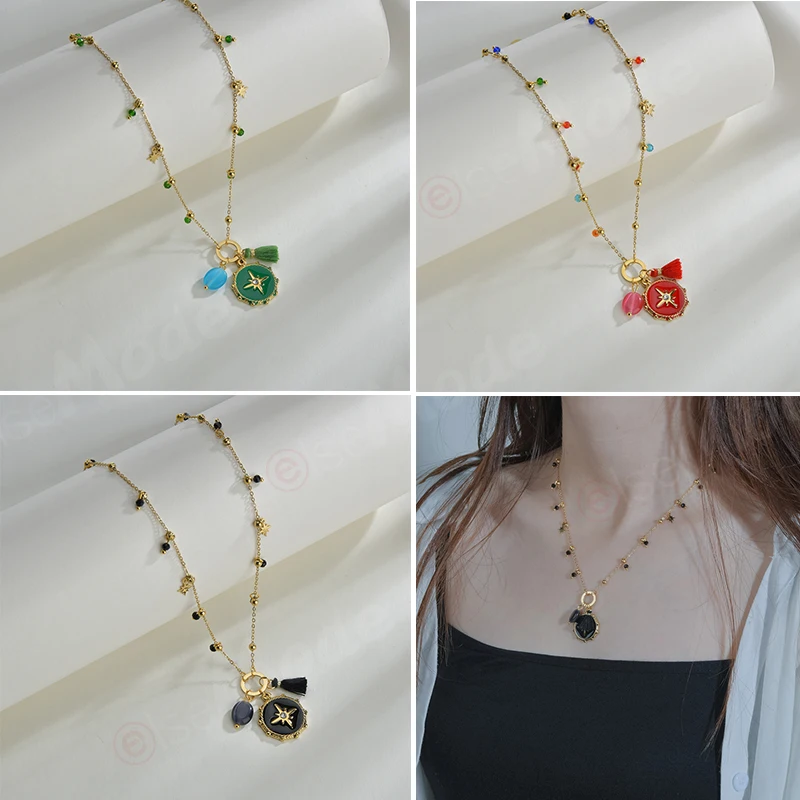 ELSEMODE винтажное Золотое круглое ожерелье с компасом и кисточкой Чокеры фианитами