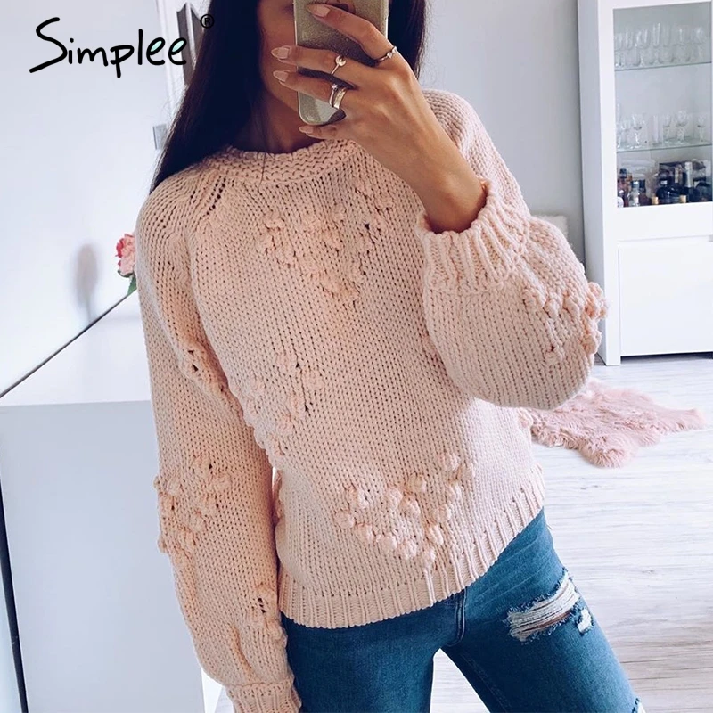 Simplee Pink hairball autumn winter sweaters ladies O neck long sleeve casual pullover New fashion loose knitted jumper