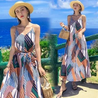 women backless straps maxi dress loose sexy vacation long plaid ethnic tropical beach dress boho vintage korean runway sundress