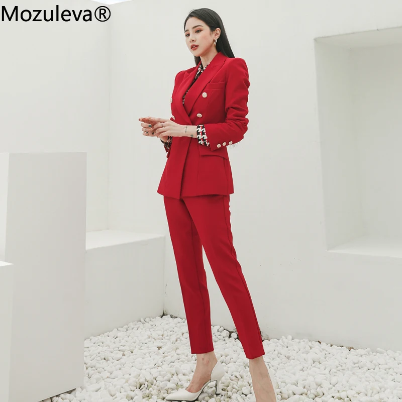 

Mozuleva 2020 Full Single Button Office Lady Red Suit Women Blazer Set Pants Suit for Women Business WomensSuits Blazer Pants