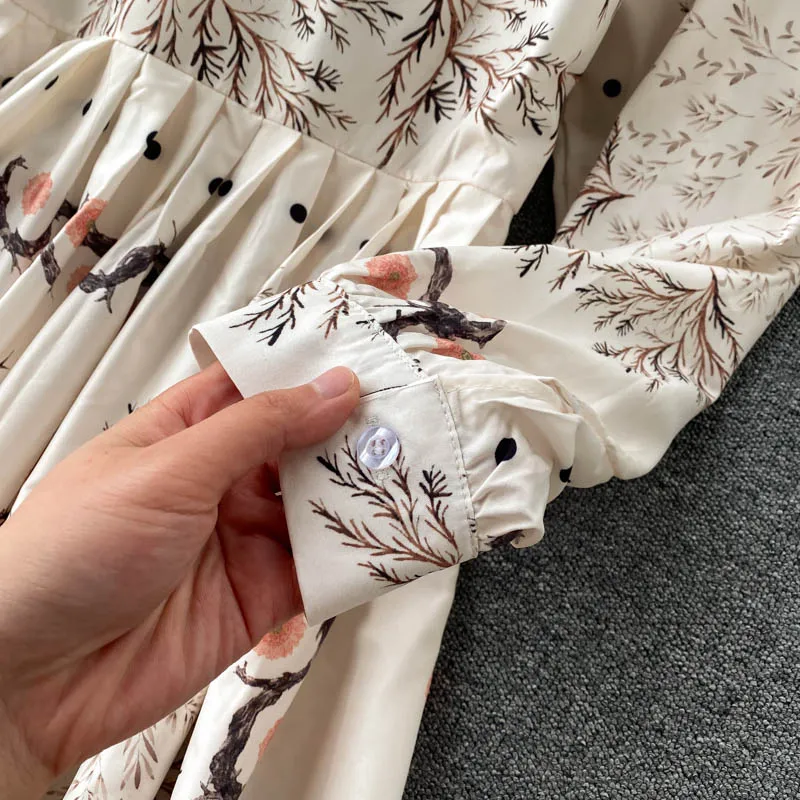 

Autumn Women Printed Long Dress Women Vintage O-Neck Puff Sleeve High Waist Beige/Khaki Maxi Vestidos 2021 New Fashion Robe