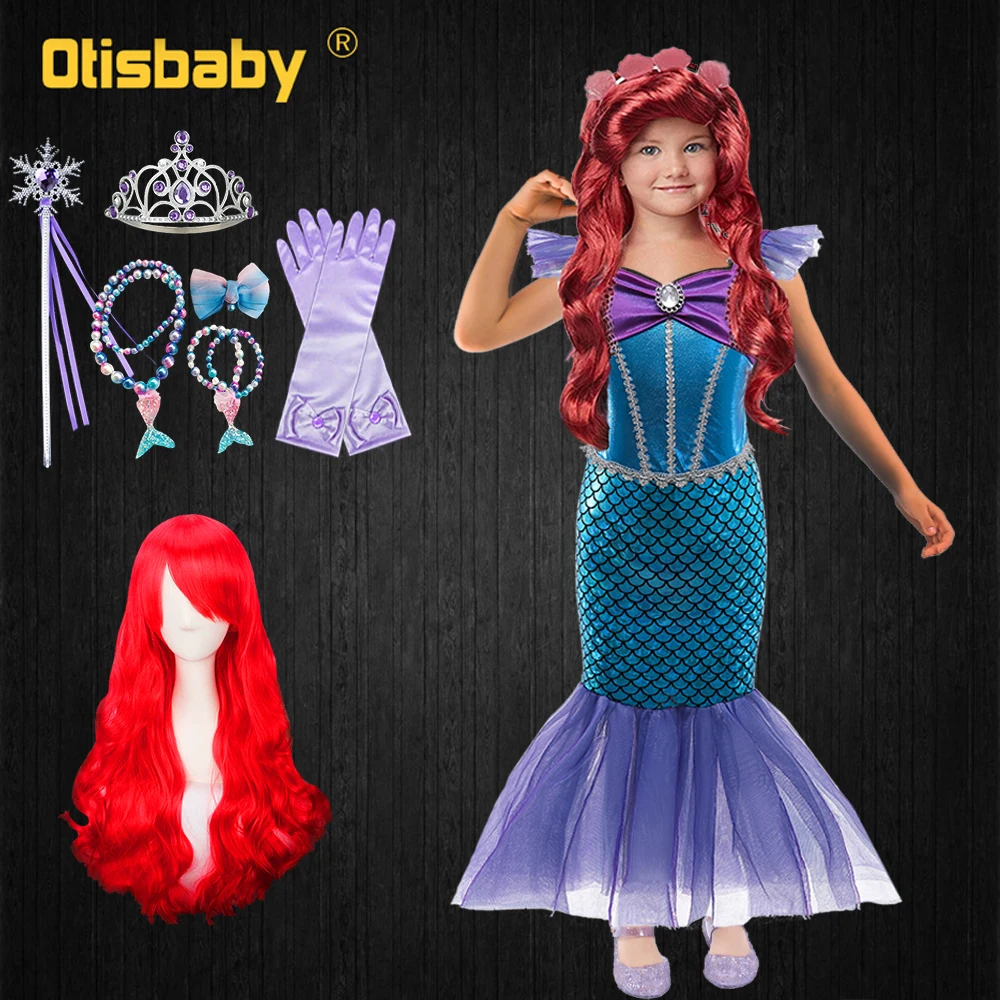 

New Birthday Girls Ariel Dress Halloween Little Mermaid Cosplay Costume Holiday Party Fancy Necklace Ariel Red Wig for Children