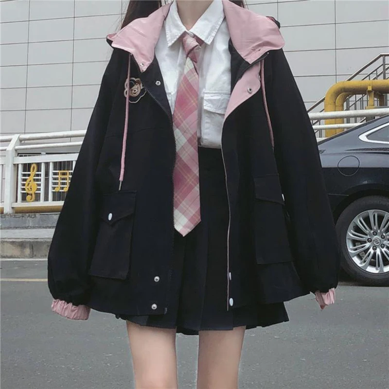 Japanese Kawaii Zipper Pink Woman Jacket 2020 Korean Color Matching Winter Clothes Loose Cute Female Tops Coat Manteau Femme