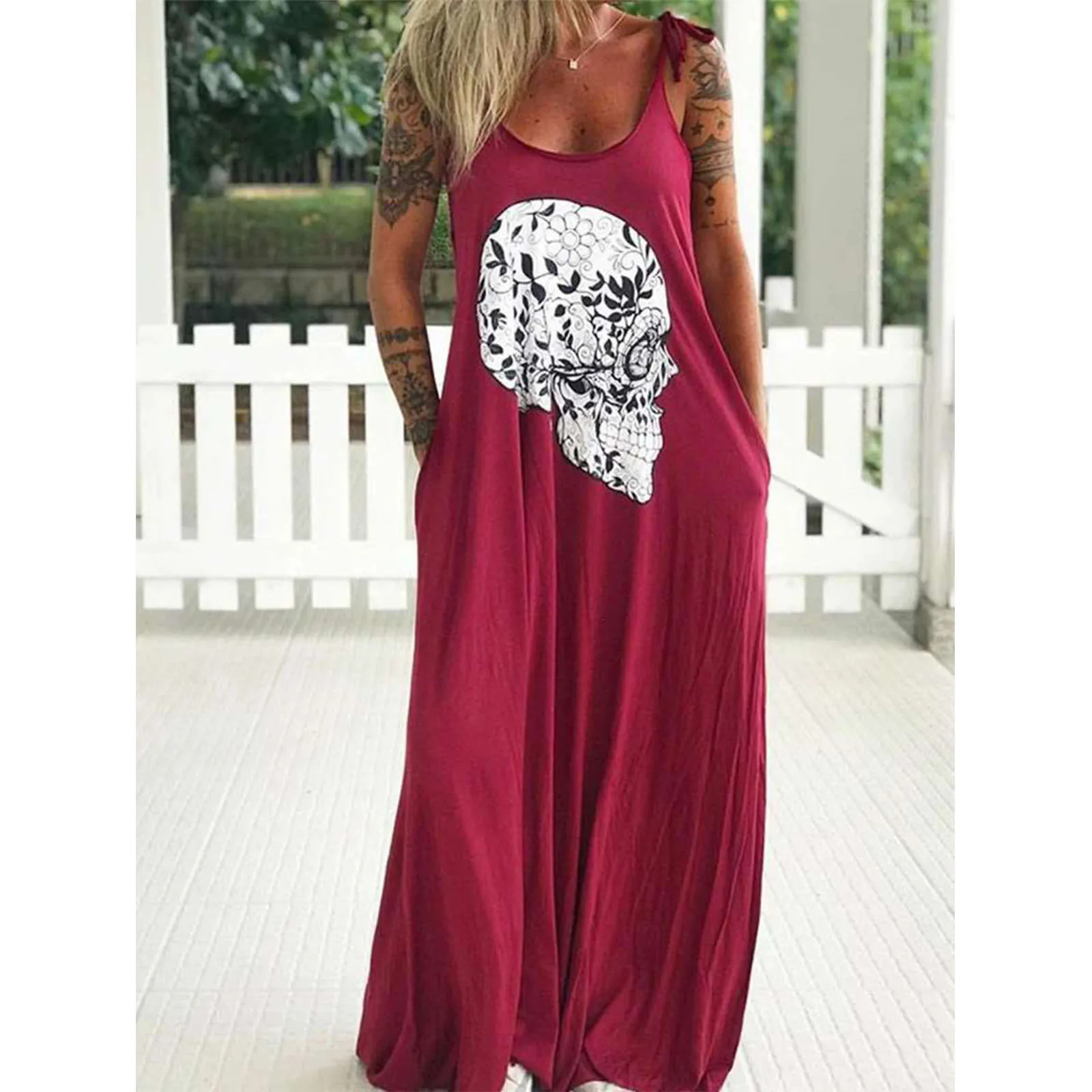 

2021 Long Dress For Woman Braces Slip Skirt Robe Beachwear Skull Printing Design Vneck Split Slit Open Casual Loose Style Summer