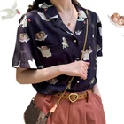Женская винтажная блузка с принтом ангела в стиле ретро, элегантная летняя пляжная одежда с короткими рукавами, свободная рубашка с пряжкой и жемчугом в британском стиле